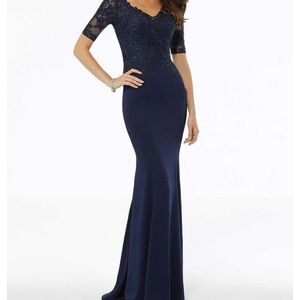 Elegant Navy Lace Evening Gown